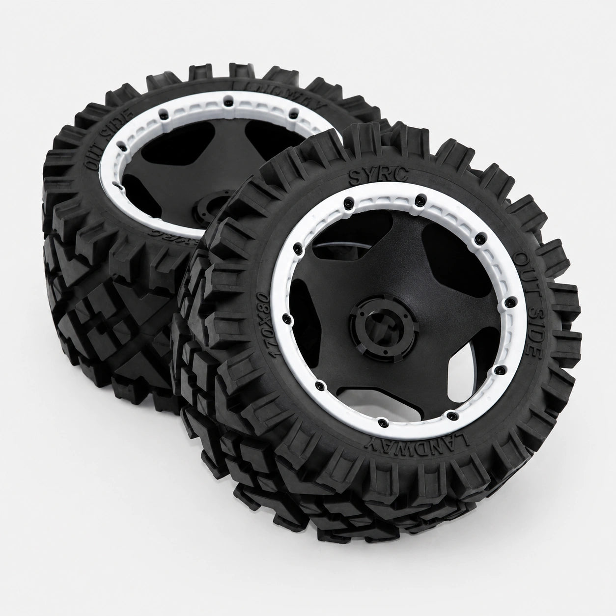 All terrain rear tires and wheels pre-mounted for HPI Baja 5B.