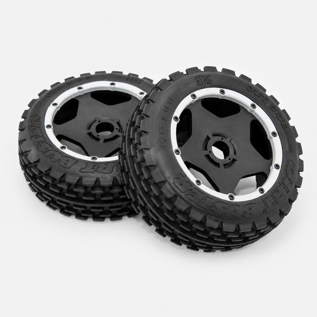 Dirt busters front tires and wheels (pre-mounted) for HPI Baja 5B.